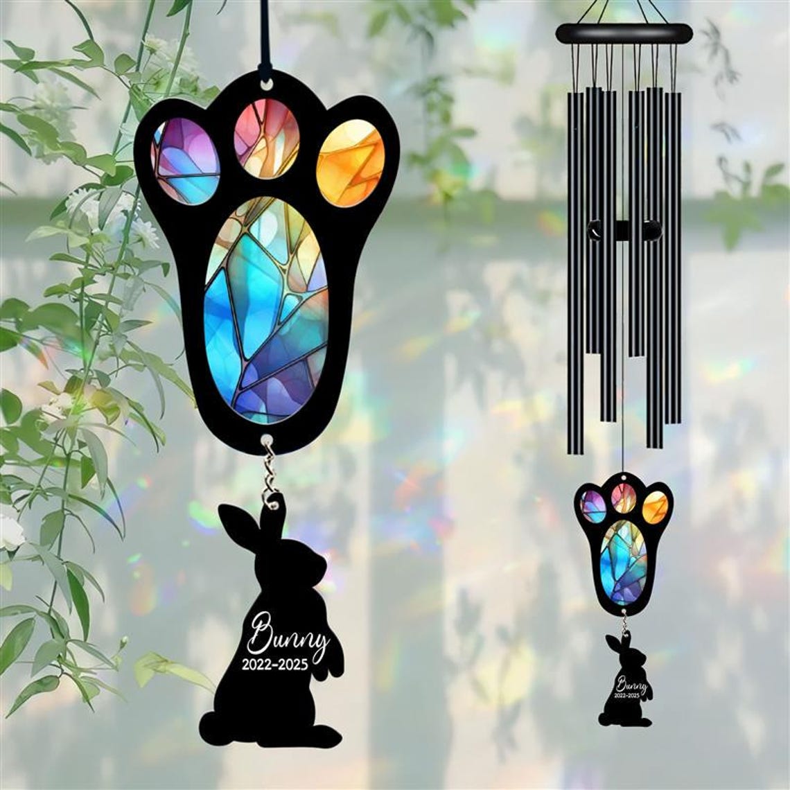 Personalized Pet Memorial Wind Chime, Remembrance Wind Chime, Pet Suncatcher Wind Chime, Bunny Paw, Bunny Loss, Bunny Memorial
