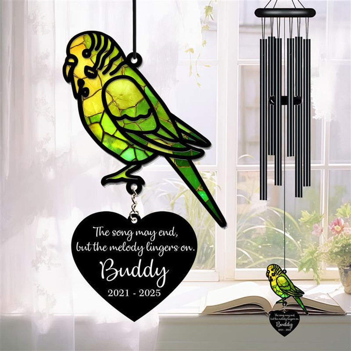 Personalized Memorial Wind Chime, Budgerigar Wind Chime, Parakeet Suncatcher Wind Chime, In Loving Memory, Family Gift, Pet Loss Gift