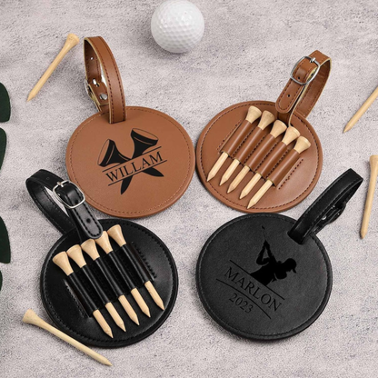 Engraved Leather Golf Bag Tag with Tees: Personalized Golf Gift