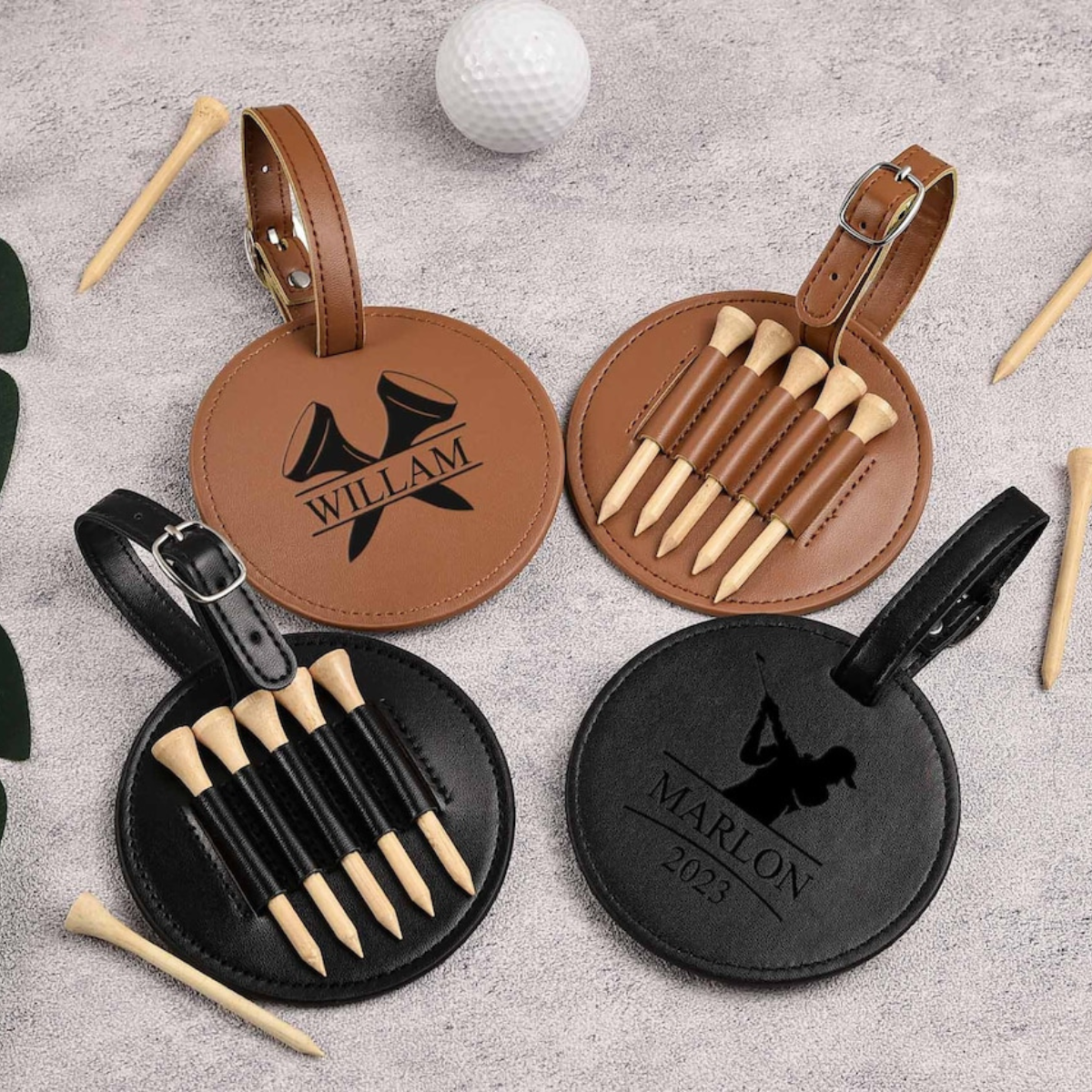 Engraved Leather Golf Bag Tag with Tees: Personalized Golf Gift