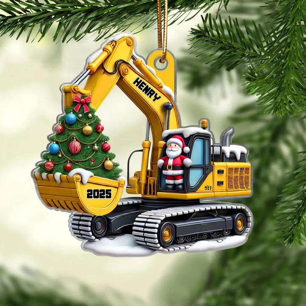 Personalized Xmas Excavator Construction Backhoe 3D Effect Ornament, Xmas Gift For Kids
