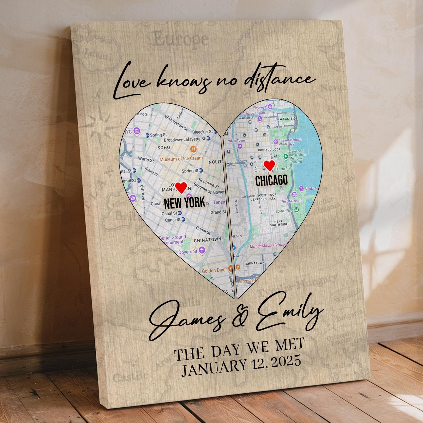 Love Knows No Distance The Day We Met Canvas, State to State Personalized Map Poster, Long Distance Map Print