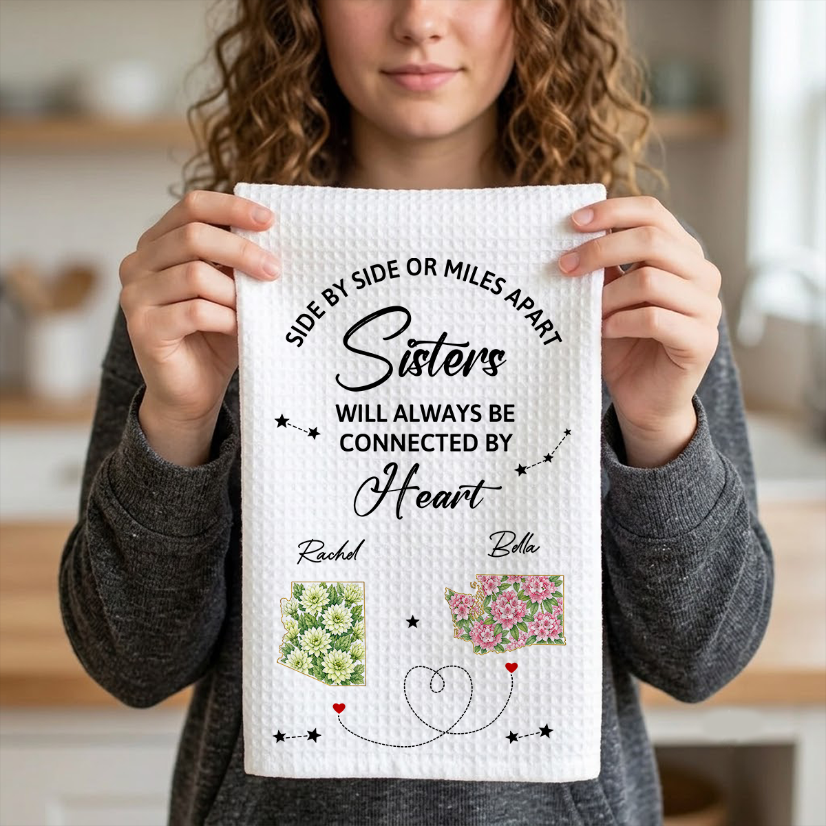 Connected By Heart - Personalized Kitchen Towel, Gift For Sisters, Bestie