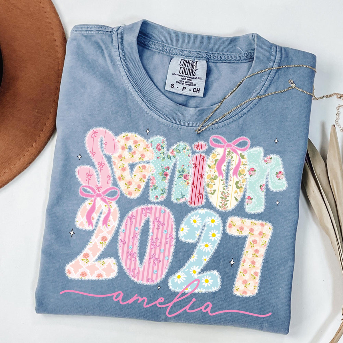Comfort Colors Custom Senior 2027 T-Shirt, Personalized Graduate 2027 Shirt, High School Graduation Gift, Coquette Girly Senior, Lace Class of