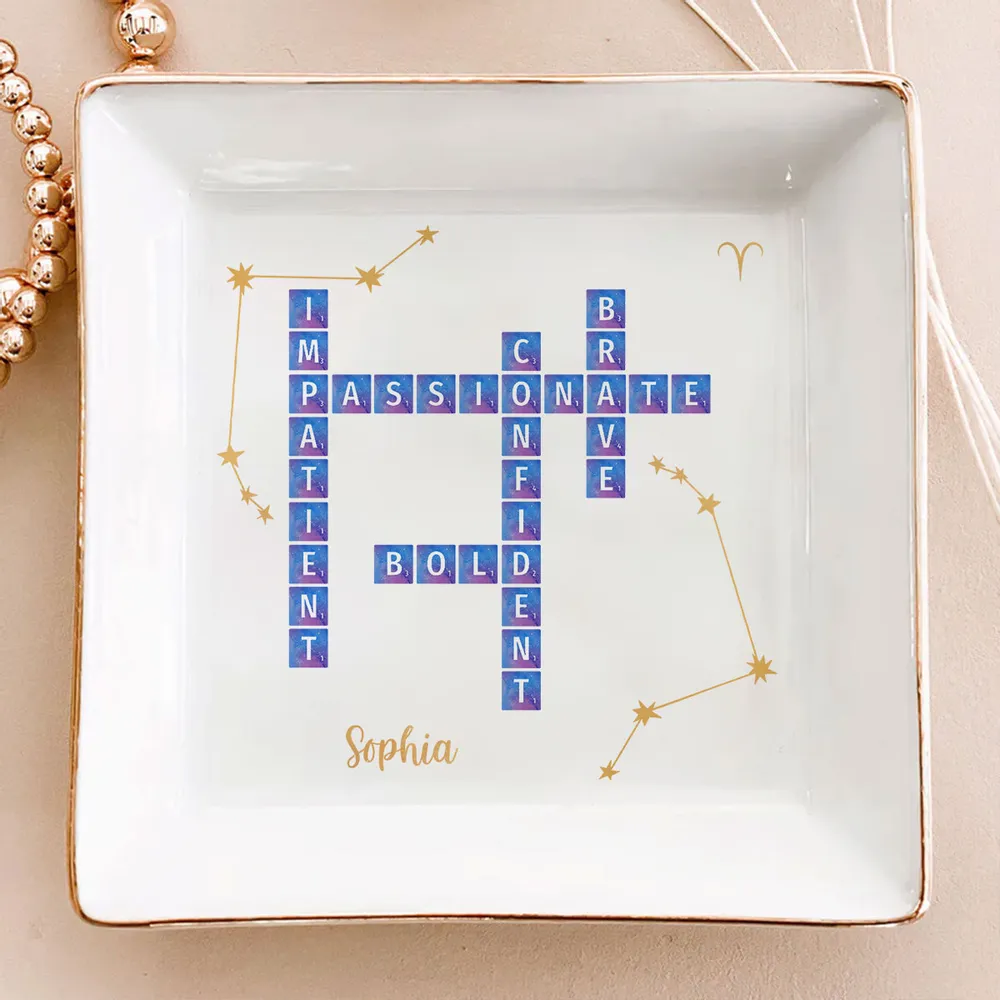 Character Qualities Crossword With Zodiac Sign - Personalized Jewelry Plate - Gift For Mother