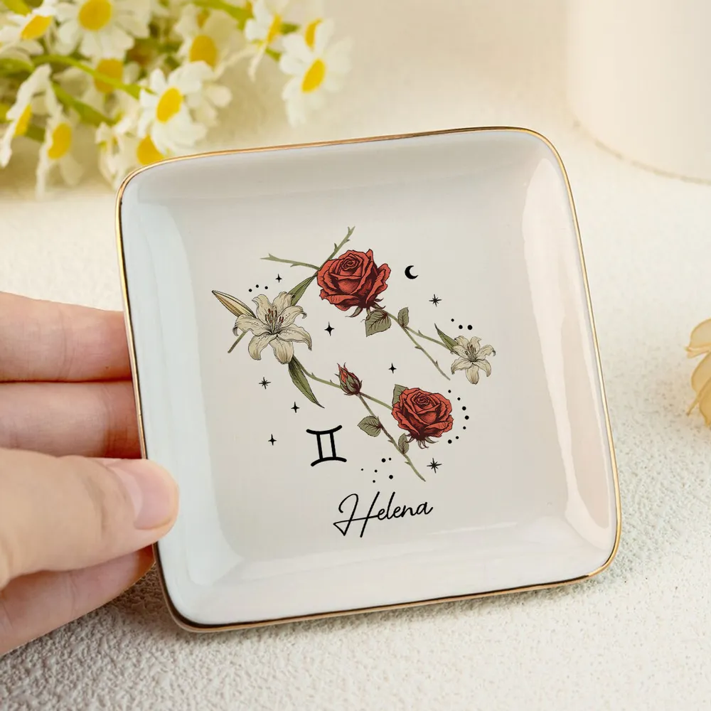 Zodiac Sign Birth Month Flower - Personalized Jewelry Plate - Gift For Mother, Daughter, Sister, Family