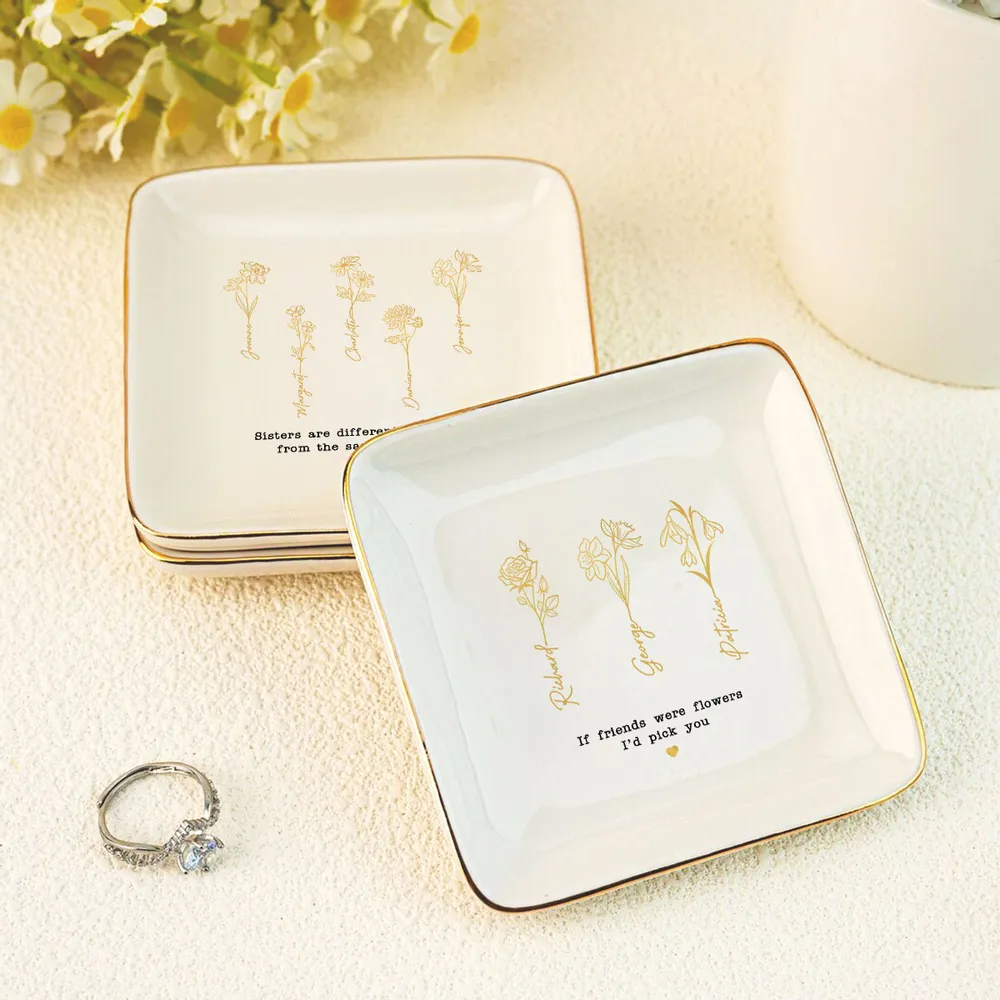 Friends Sisters Besties Birth Month Flowers - Personalized Jewelry Plate - Gift For Friends Sisters Besties