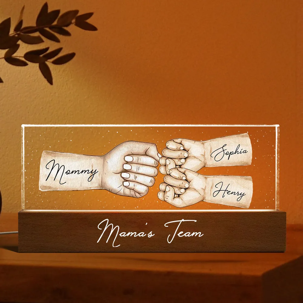 Mama's Team Fist Bump - Personalized 3D LED Light Wooden Base - Gift For Her, Gift For Mom, Mother's Day, Birthday Gift