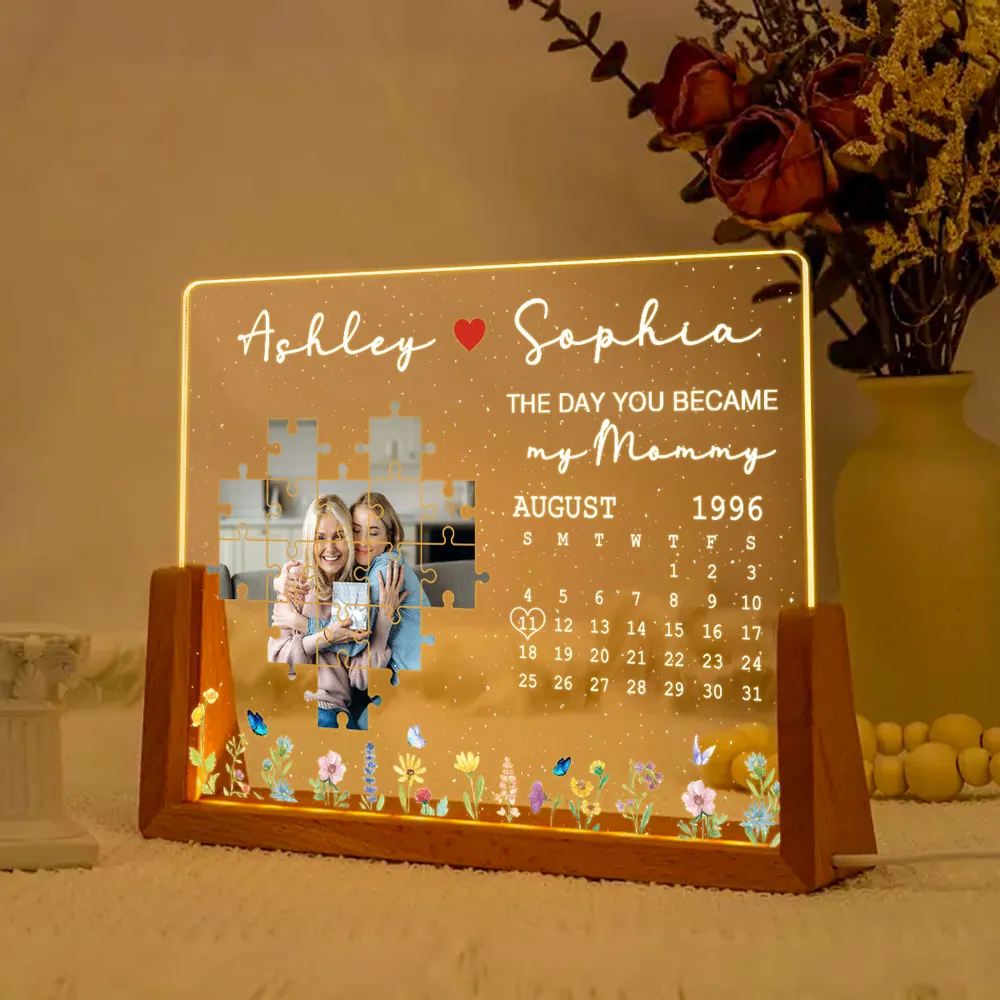 The Day You Became My Mom Upload Photo Puzzle Calendar - Personalized Desk Name Plate - Gift For Mom, Mother's Day, Birthday Gift