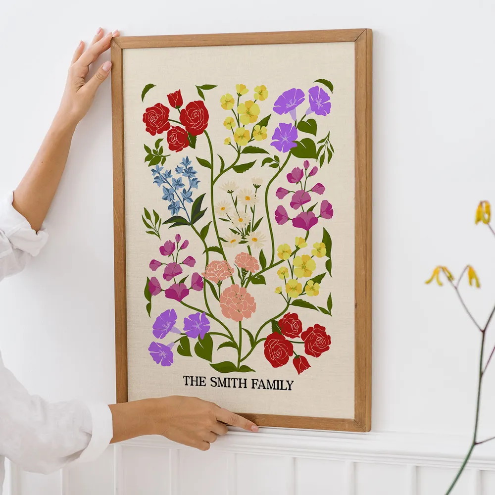 Custom Family Birth Flower Bouquet Artwork Minimalist - Personalized Canvas - Gift For Mom, Gift For Grandma, Mother's Day Gifts