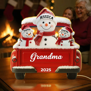 Snowman Grandma & Kids Christmas Red Truck - Personalized Acrylic Light Box - Christmas Gift For Mom, Grandma