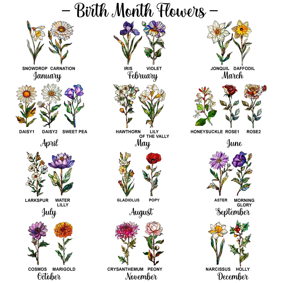 Personalized Birth Month Flowers Stained Glass Suncatcher, Hummingbird Suncatcher, Custom Grandma's Garden Gift, Grandkids Name Flower