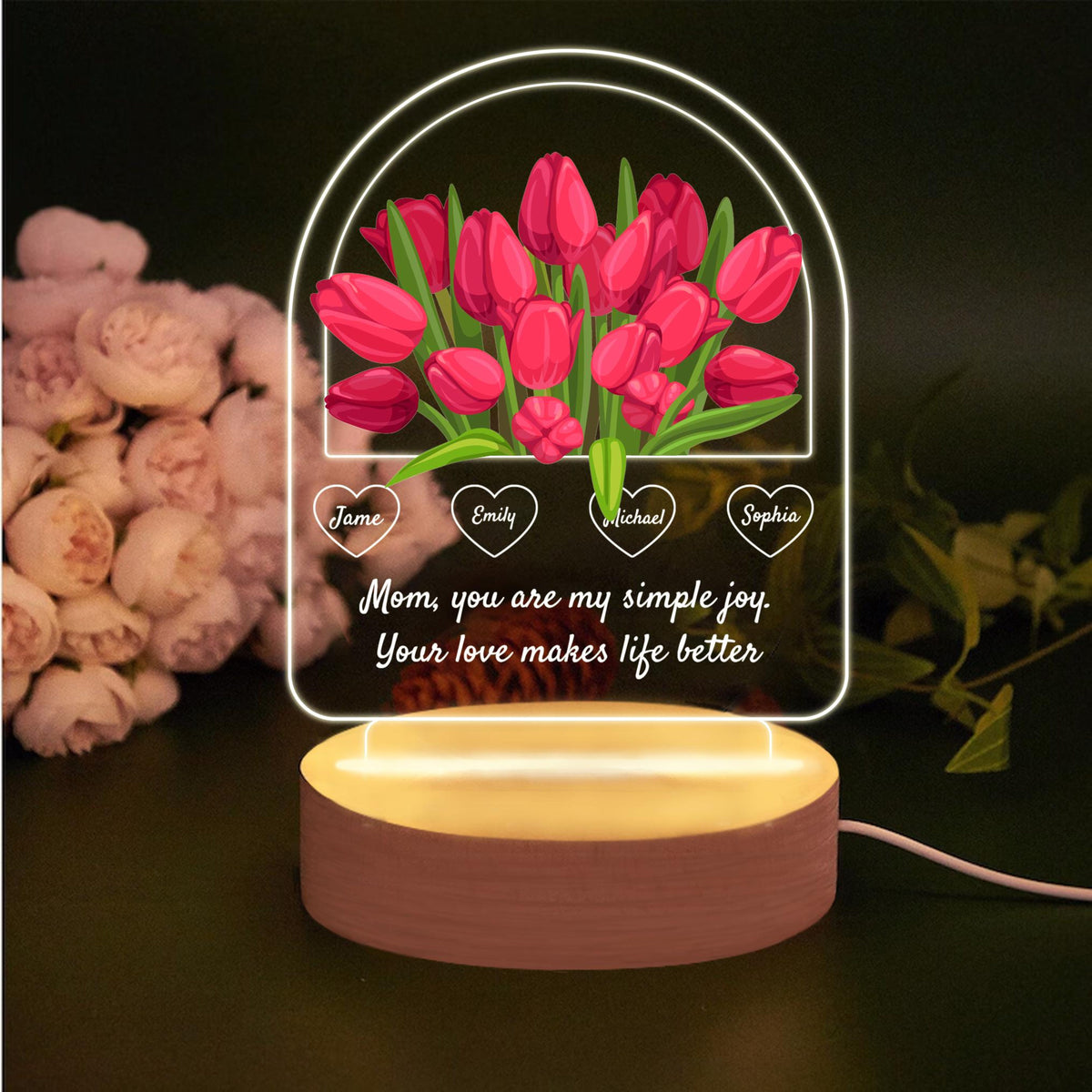 Flower Basket For Mom - Personalized 3D LED Light Wooden Base - Gift For Mom, Mother's Day Gift