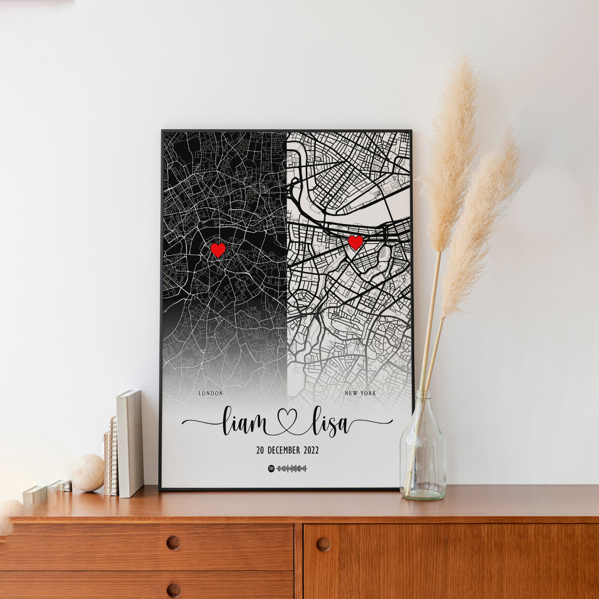 Personalised Map Print, Custom Couples Gift, Customised Travel Wall Art Any 2 Locations , Personalized Gift For Couple