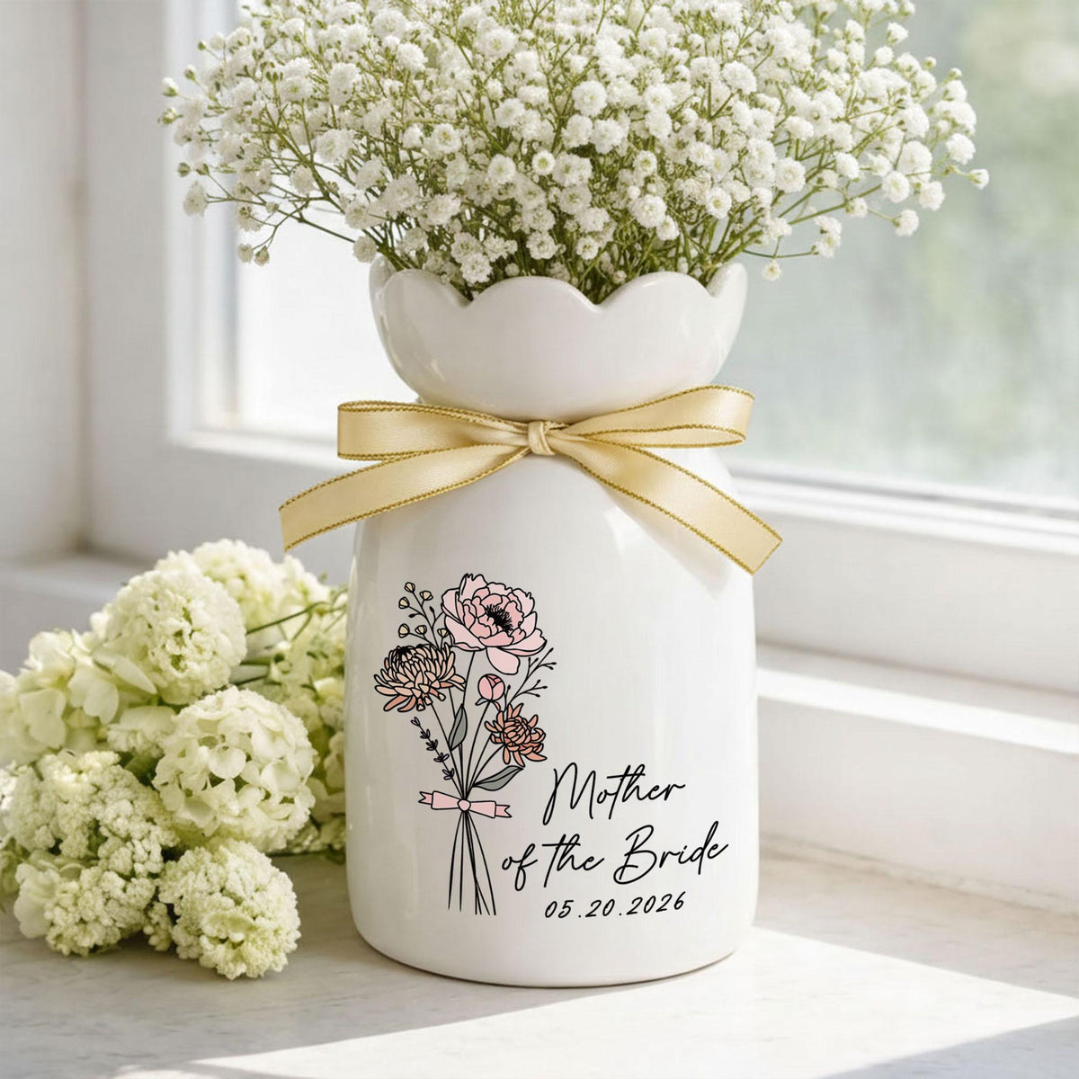 Personalized Bloom Vase For Mother Of The Bride & Groom, Mother's Day Gift For Mom, Birth Month Flower Vase, Mother of the Bride Ceramic Bloom Vase