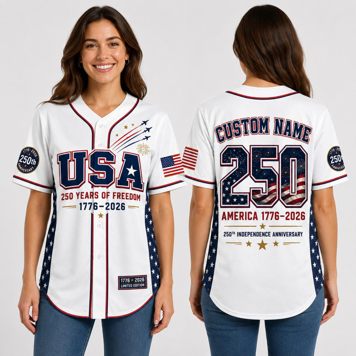 Personalized USA 250 Baseball Jersey, Custom Name America 1776 2026 Jersey, 250 Years of Freedom Patriotic Shirt, 4th of July Gift