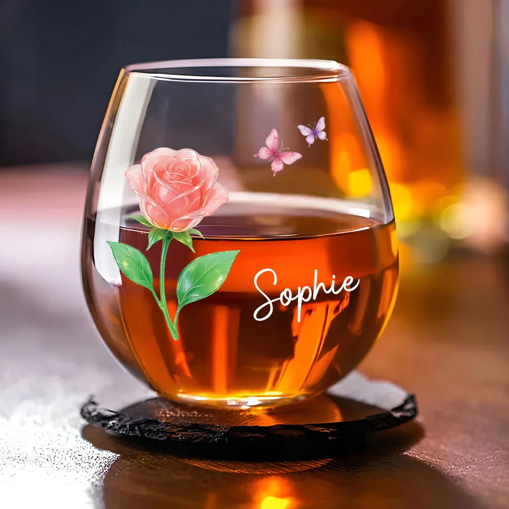 Birth Month Crystal Flower - Personalized Whiskey Glass - Christmas Gift For Sister, Bestie, Family