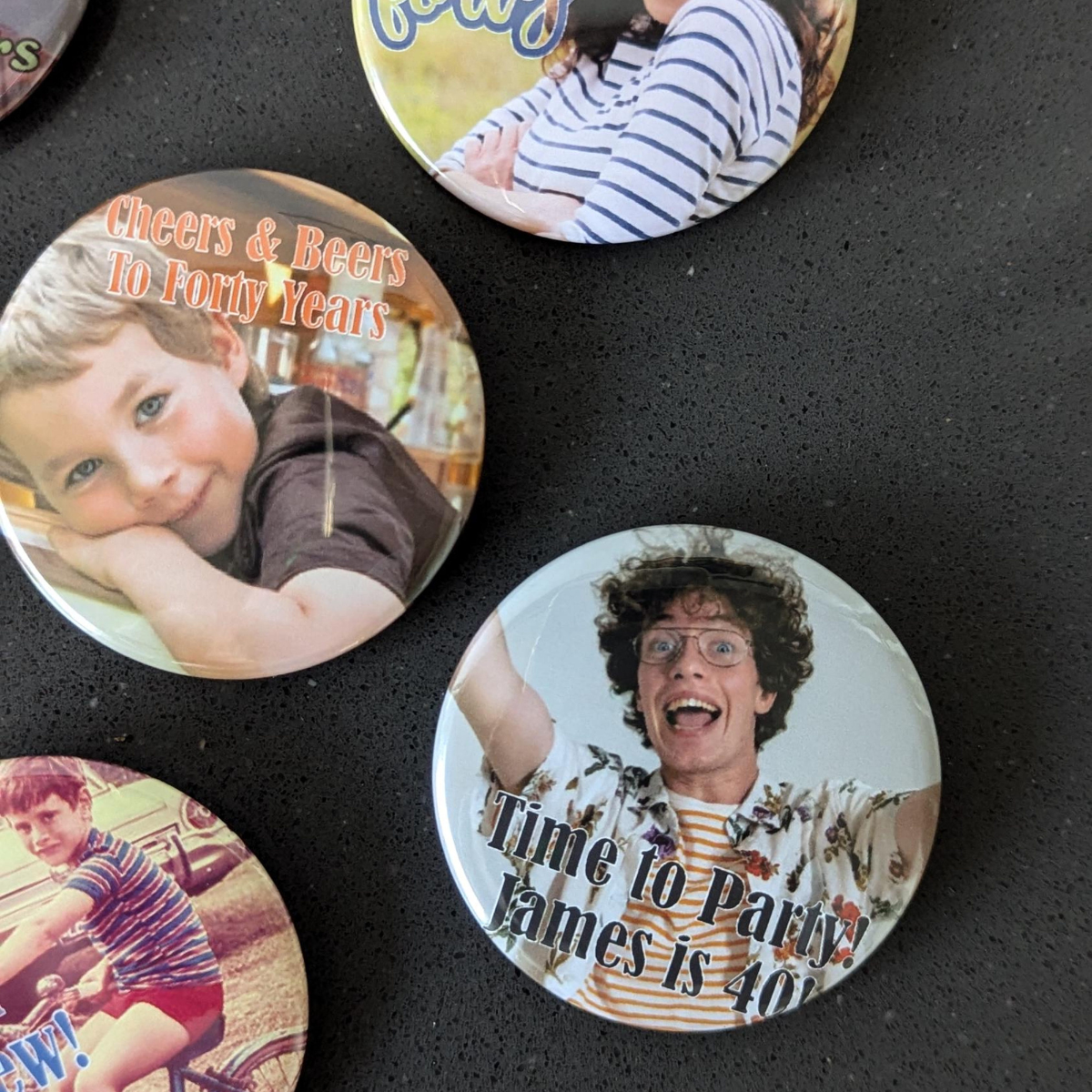 Custom 40th Birthday Party Favor Milestone Birthday Photo Pins Adult Party Favors Face Cut Out Buttons Funny Pin Badge Button for Birthdays