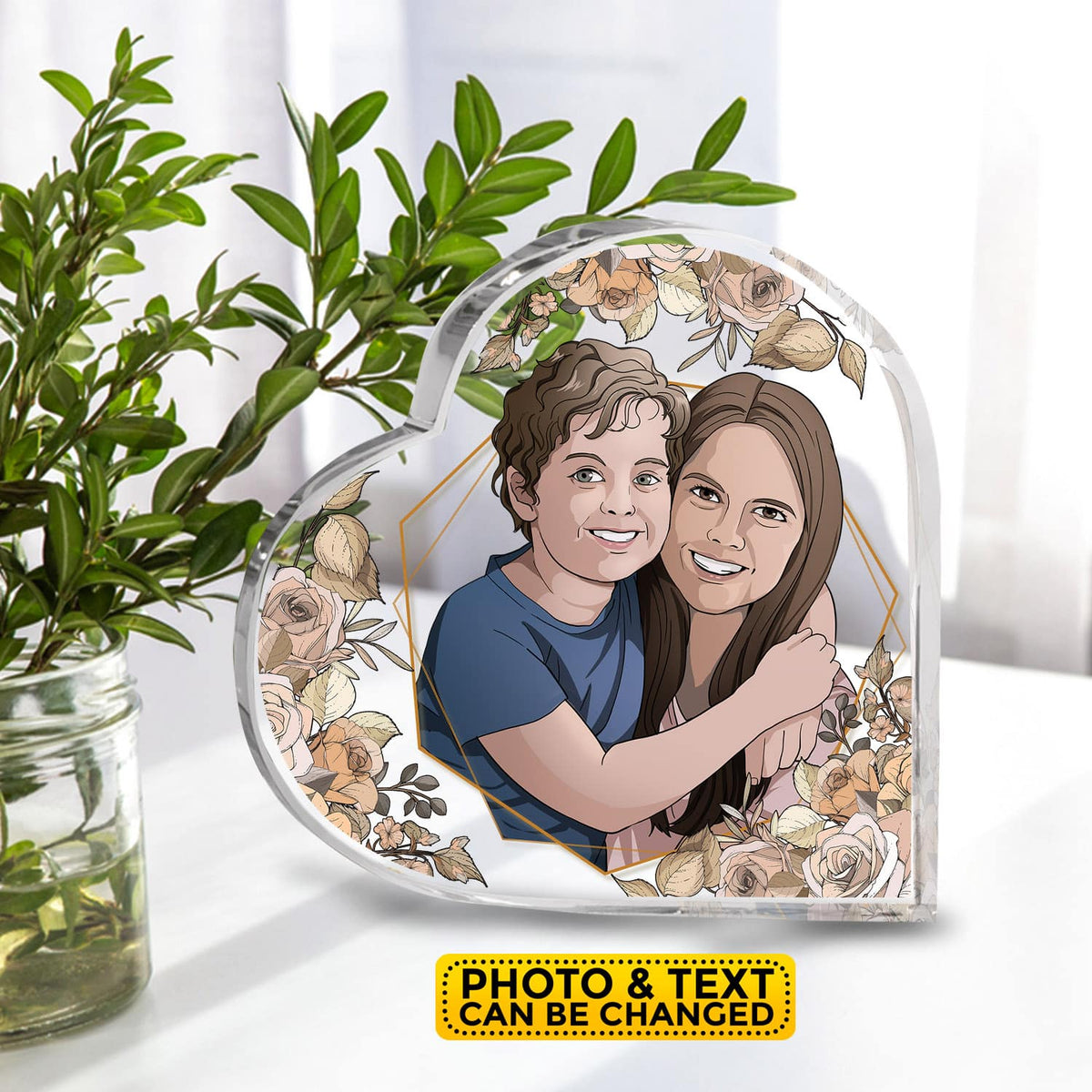 Portrait from Photo Mom Son Daughter - Personalized Heart Shaped Acrylic - Gift For Mom, Mother's Day, Birthday Gift