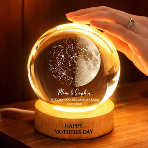 Custom Moon Phase & Star Map by Date Engraved Wooden Base - Personalized Crystal Ball LED Night Light - Gift for Mom, Mother's Day Gift