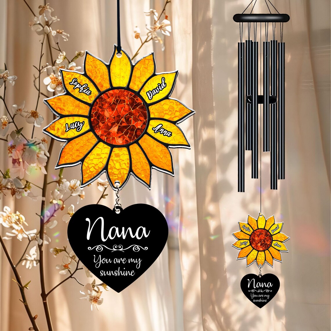 Personalized Sunflower Wind Chime, Custom Grandkids Names, Nana Gift