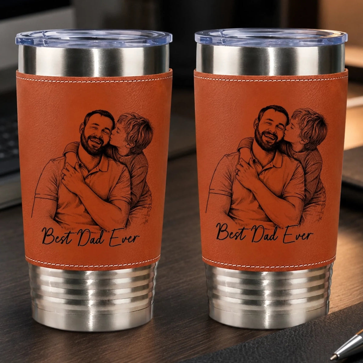 Best Dad Ever - Personalized Leather Tumbler - Gift For Dad, Grandpa, Father's Day Gift