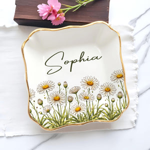Personalized Birth Flower Jewelry Dish, Custom Trinket Dish For Her, Mother's Day Giff Mom Ring Holder,Bridesmaid Gift,Birthday Jewelry Tray