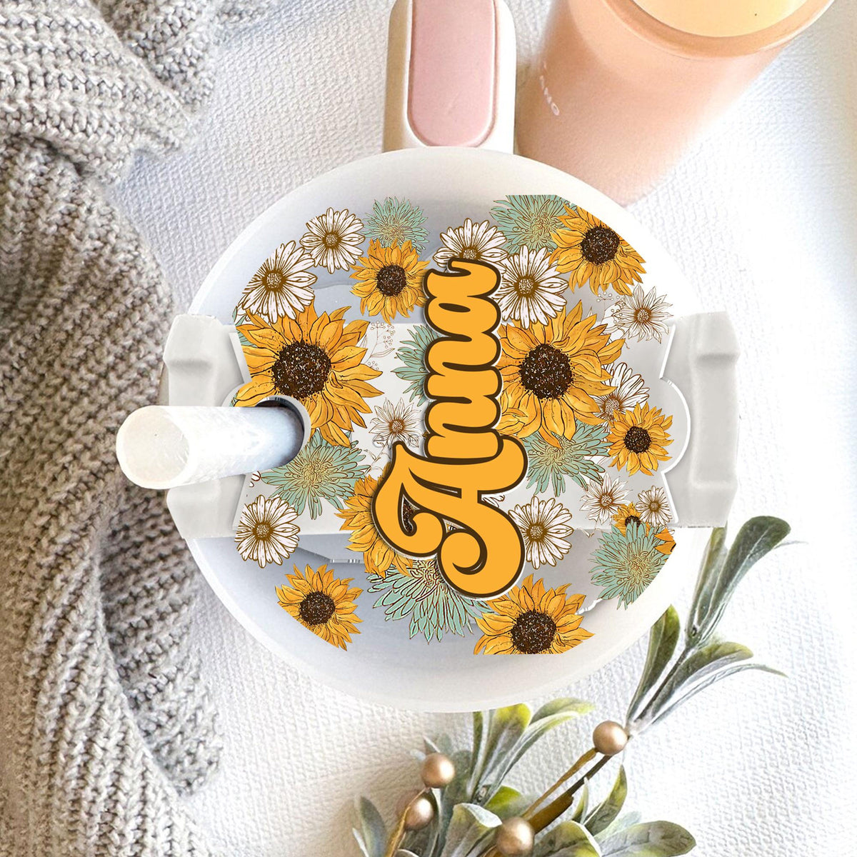 Personalized Sunflower Tumbler Name Tag, 30oz 40oz Tumbler Name Plate Topper, Custom Name Sunflower Tag, Accessories Gifts