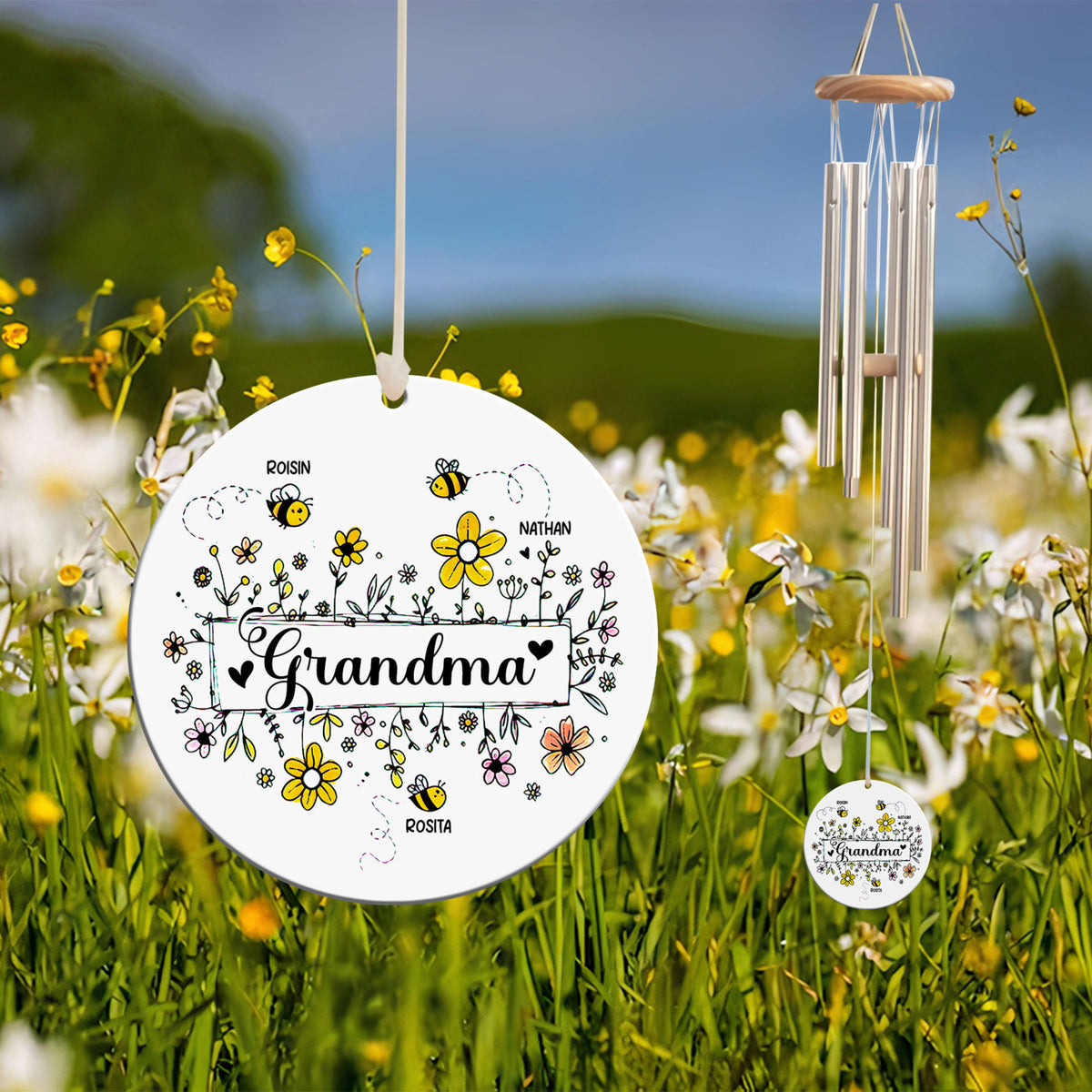 Grandma Bee Flower Wind Chimes, Cute Grandkid Bee, Personalized Wind Chime, Mother's Day Gift, Gift for Grandma