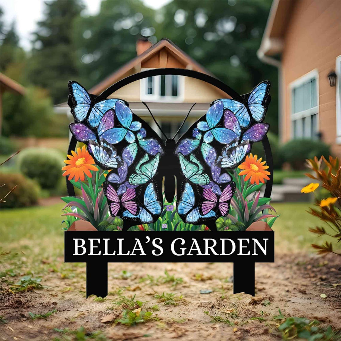 Personalized Butterfly Garden Metal Sign With Stakes, Custom Garden Flower Sign, Housewarming Gift, Garden Name Sign