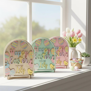 Happy Baby's First Easter Wood Sign, Custom Name & Color Easter Decor, Wooden Plaque with Stand, Kids Keepsake Gift, Easter's Day Baby