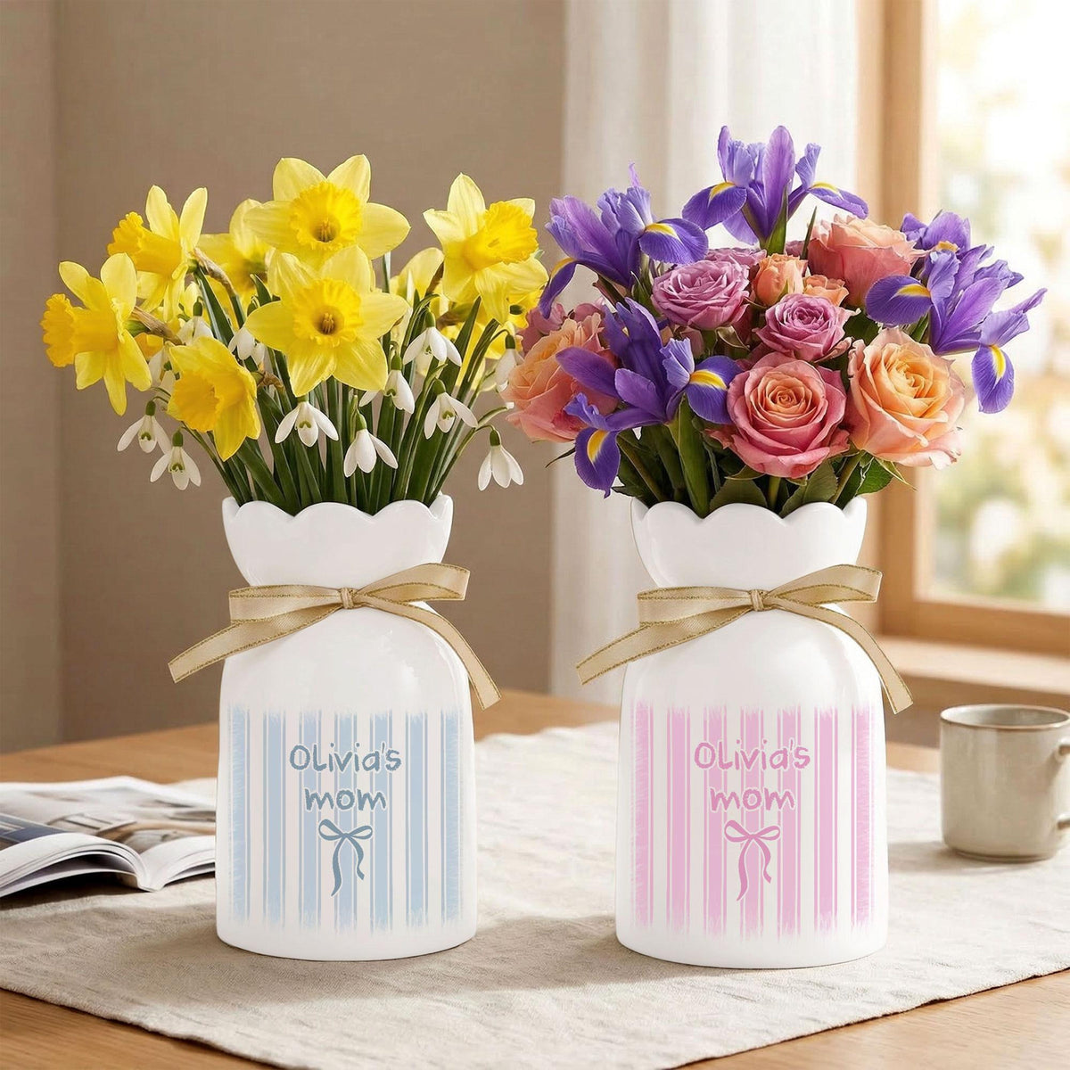 Personalized Floral Ceramic Vase with Custom Name, Elegant Gift for Mom & Home Decor, Mother's Day Gift