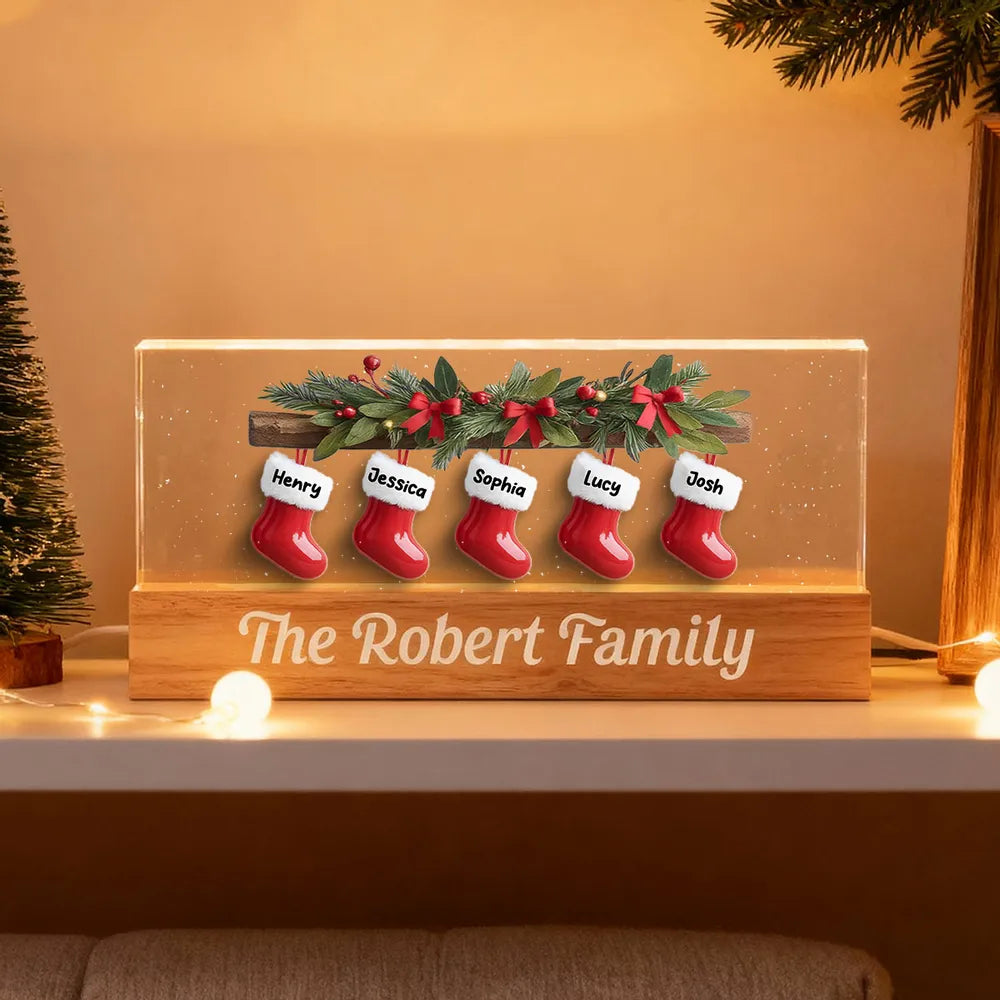 Family Christmas Stockings 3D Effect - Personalized 3D LED Light Wooden Base - Christmas Gift For Family