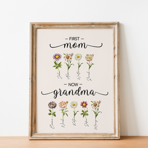 Custom First Mom Now Grandma Gift, Grandma's Garden Sign, Mother's Day Gift For Grandma, Birth Month Flower Prints, Family Flower Painting