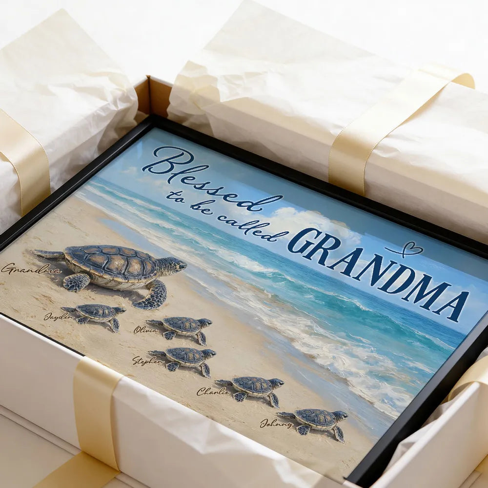 Grandma Turtle's Little Grandkids by the Shore - Personalized Canvas - Mother's Day Gift For Mom, Grandma