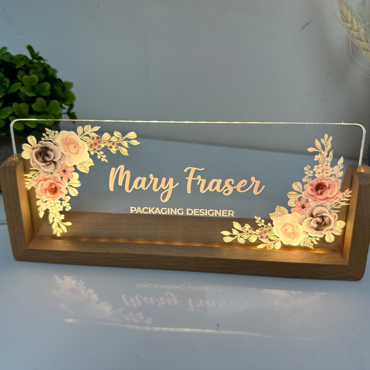Personalized Desk Name Plate With Wooden Base, Lighted LED Light Nameplate, Desk Accessories, Office Gifts for Boss Coworkers, New Job Gifts