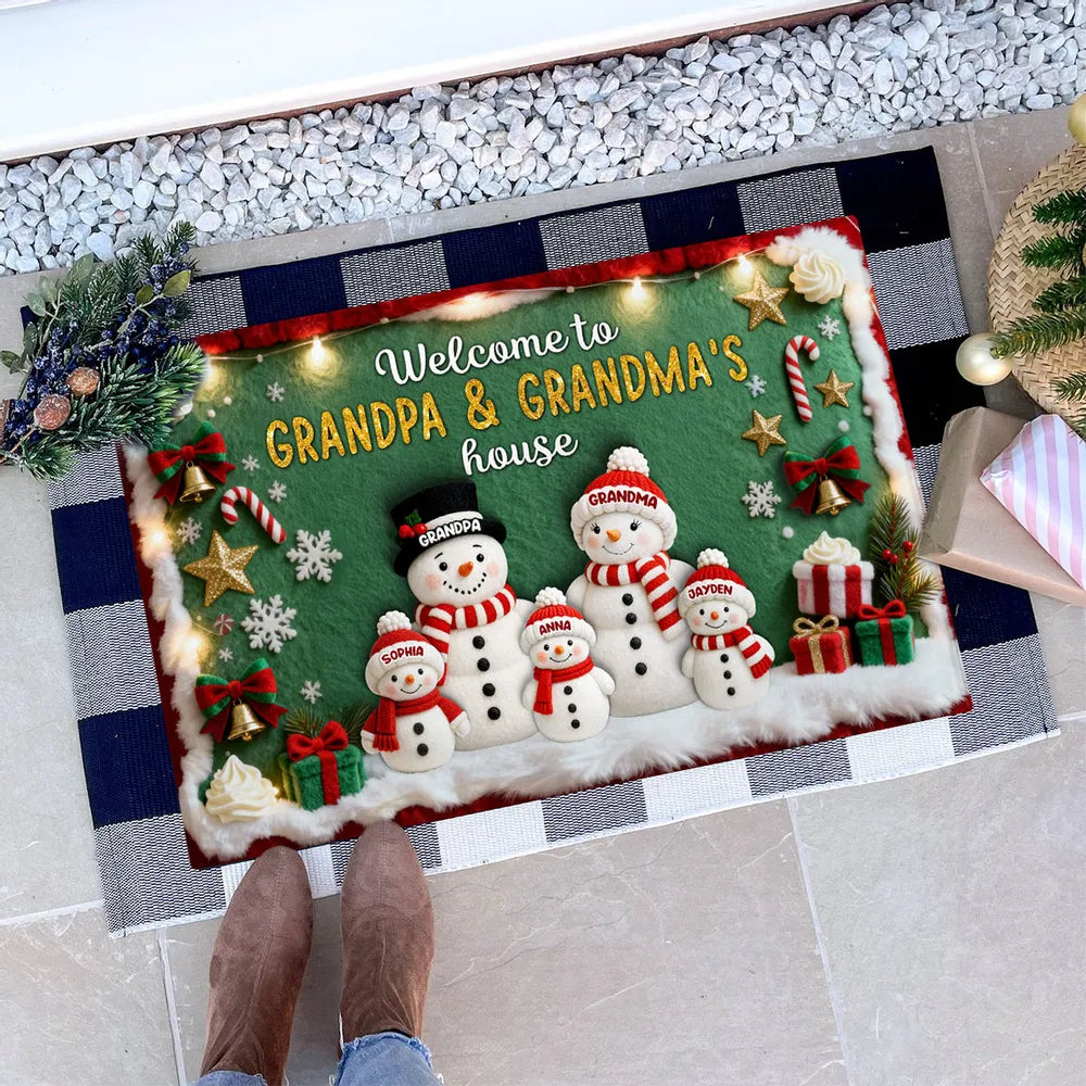 3D Effect Festive Christmas Snowman Welcome To Grandma Grandpa House - Personalized Doormat - Christmas Gift For Grandparents