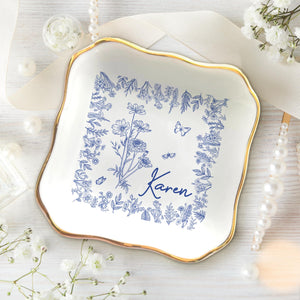 Personalized Birth Flower Trinket Dish, Custom Ceramic Jewelry Tray, Birthday Gift For Her
