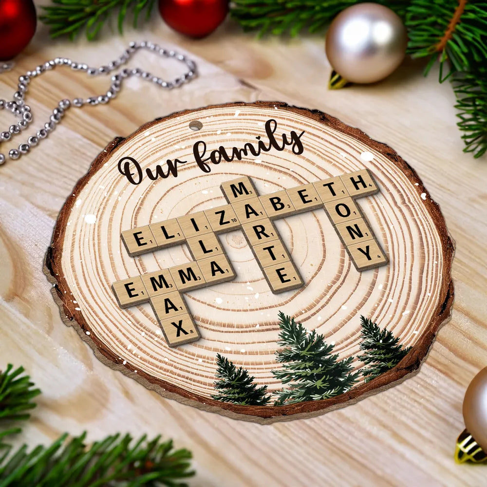 Christmas Tree Wood Pattern Family Names Puzzle Crossword - Personalized 2-Layer Wooden Ornament - Christmas Gift For Family