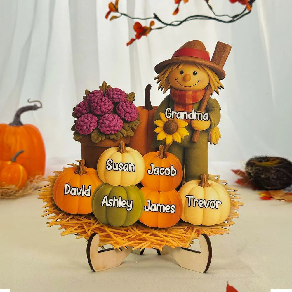 Fall Scarecrow Grandma with Pumpkins Grandkids Names - Personalized Wooden Plaque - Autumn Gift For Grandma & Family