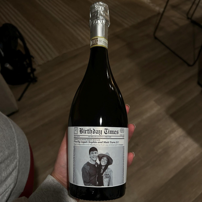 Personalized Birthday Gift, Graduation, Bachelorette, Bottle Labels for Wine, Champagne, Times Newspaper Photo