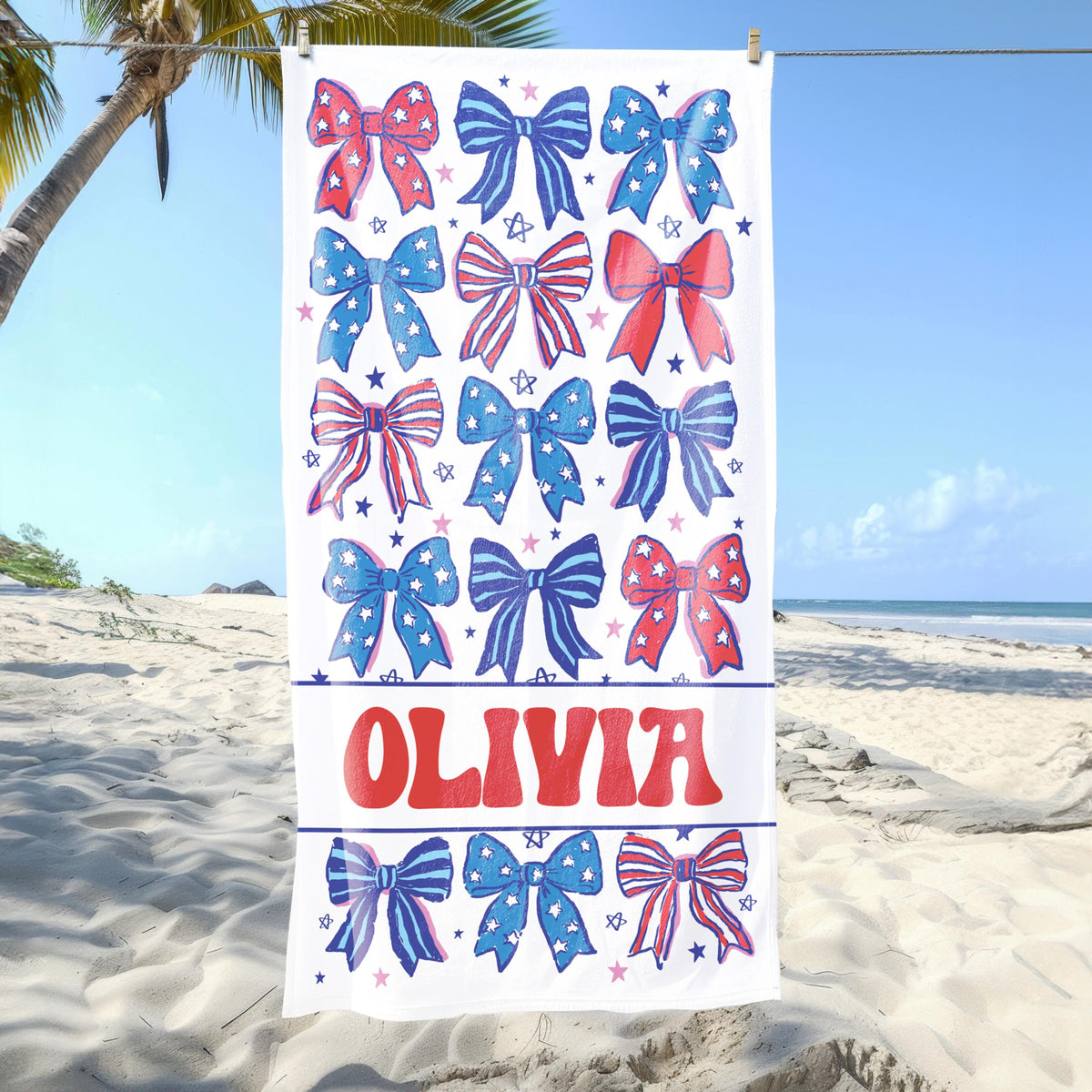 Personalized Patriotic Bow Beach Towel, Custom Name USA Stars & Stripes Design, 4th of July Summer Gift for Girls, Red White Blue Towel