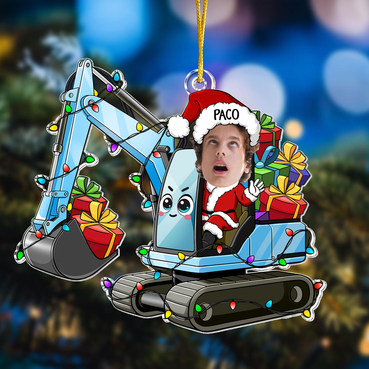 Custom Kid Face Cartoon Excavator - Personalized Acrylic Shaped Ornament - Christmas Gift For Kids