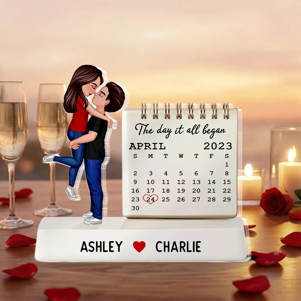 The Day It All Began Kissing Couple - Personalized Acrylic Table Sign - Anniversary Gift For Couple