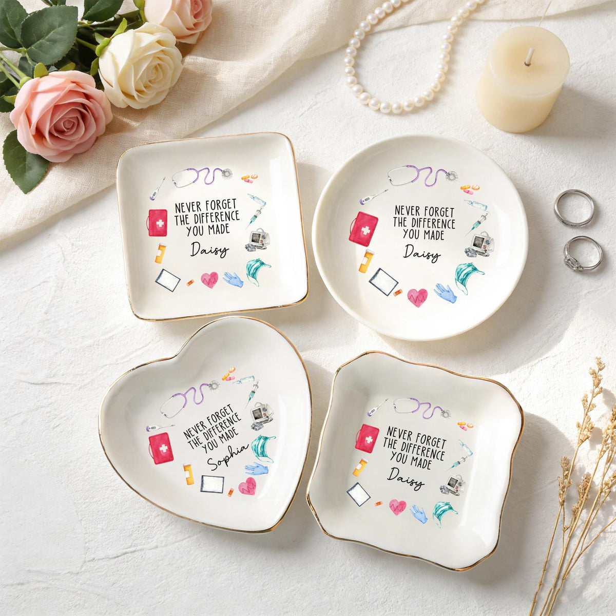 Personalized Nurse Jewelry Dish - Nurse Graduation Jewelry Dish, Stethoscope Name Trinket Dish, Never Forget The Difference You Made