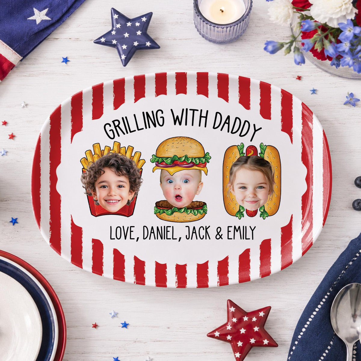 Custom Dad's Grilling Platter with Kids Faces: Father's Day Gift From Kids, Striped Grilling Plate for Kitchen Decoration, Funny Daddy Gift