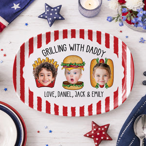 Custom Dad's Grilling Platter with Kids Faces: Father's Day Gift From Kids, Striped Grilling Plate for Kitchen Decoration, Funny Daddy Gift