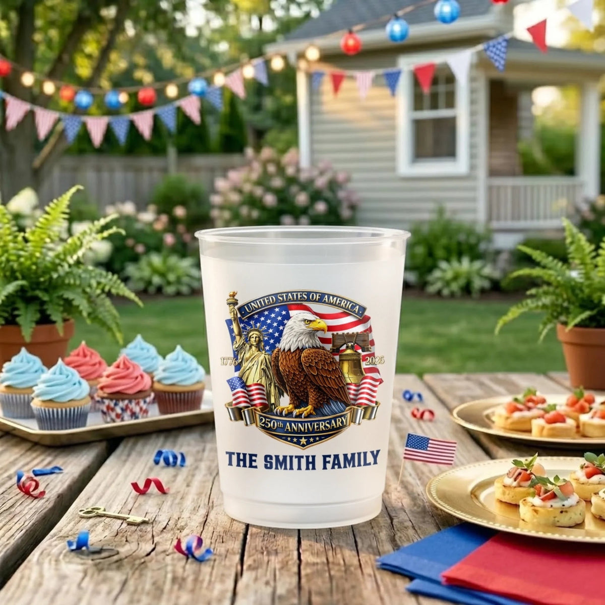 Personalized Freedom Anniversary Frosted Cup, Custom Family Name Patriotic Party Drinkware