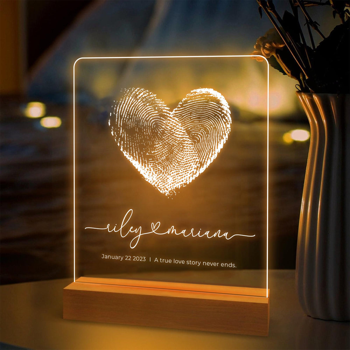 Custom Fingerprint Heart with Names, Personalized LED Light Wooden Base, Valentines Gift, Custom Lamp, Anniversary Gift
