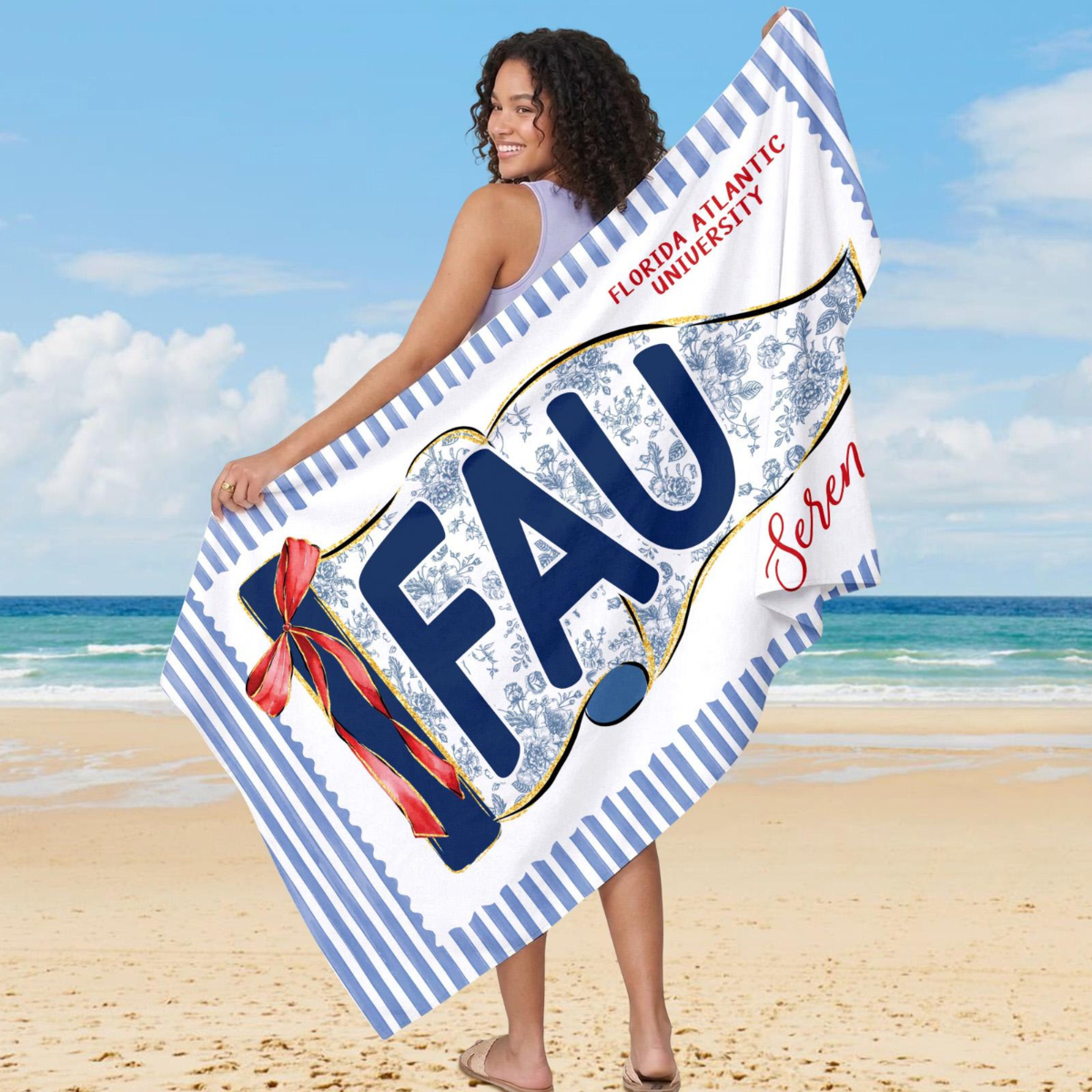 Personalized School Spirit Beach Towel: Coquette College Pennant Flag Towel, Grandmillennial Striped Towel, Sorority Girls Graduation Gift
